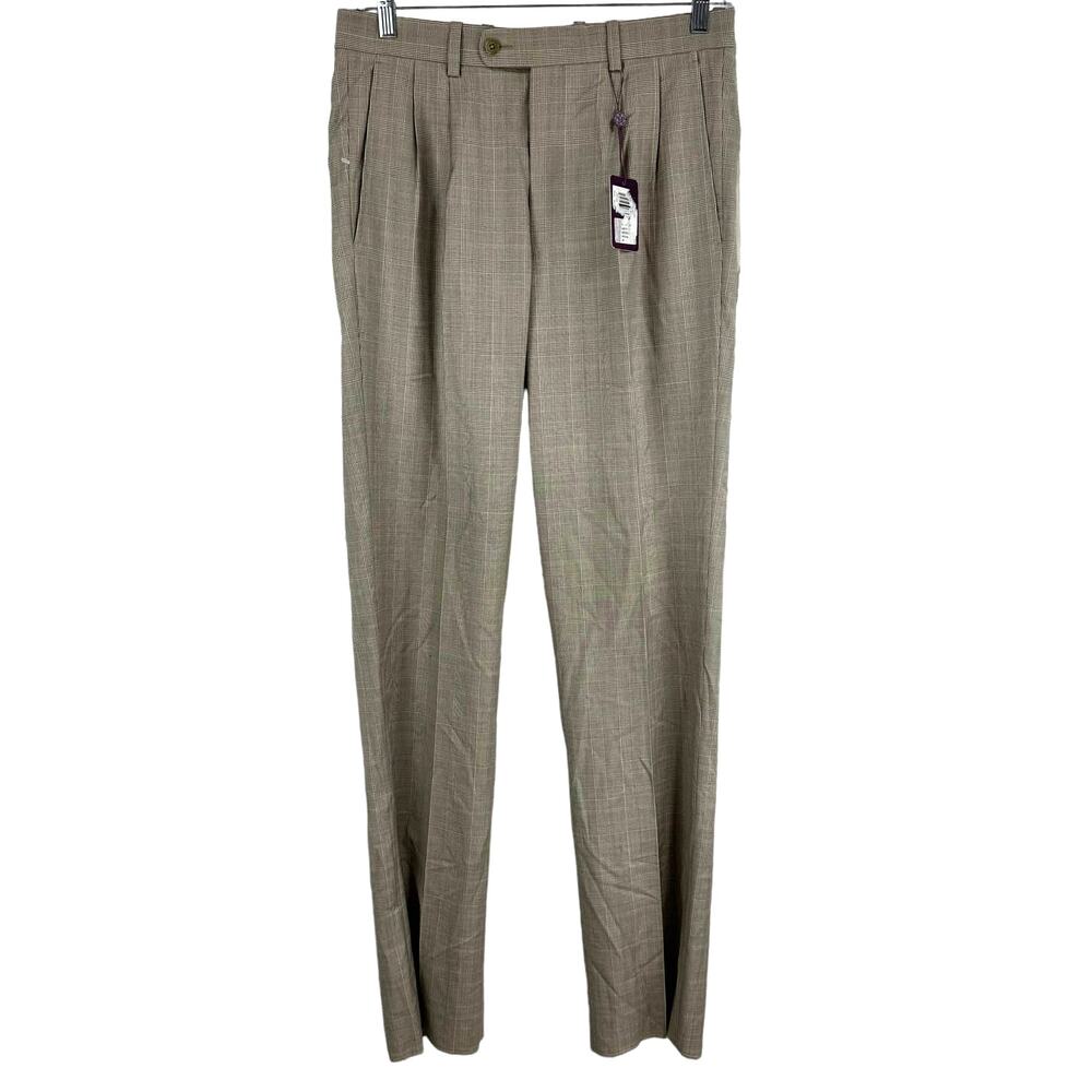 Aristo Eighteen NWT Light Brown Plaid Aberdeen Dress Pants Size 32 Pleated Wool